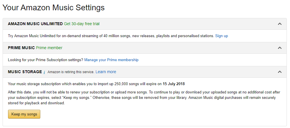 screenshot of Amazon Music Settings