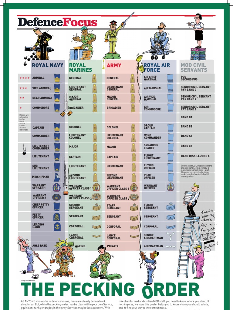 Graphic from Defence Focus listing the UK military grades in order of rank, by service.